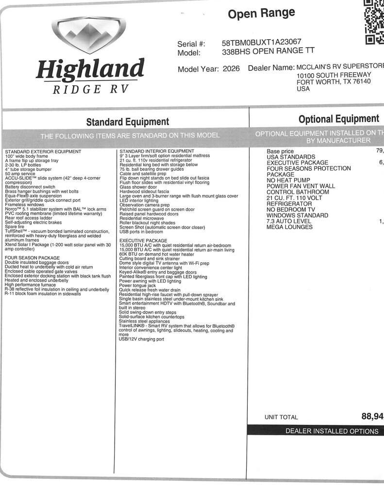 2026 Open Range 338BHS by Highland Ridge from McClain's RV Fort Worth in Fort Worth, Texas