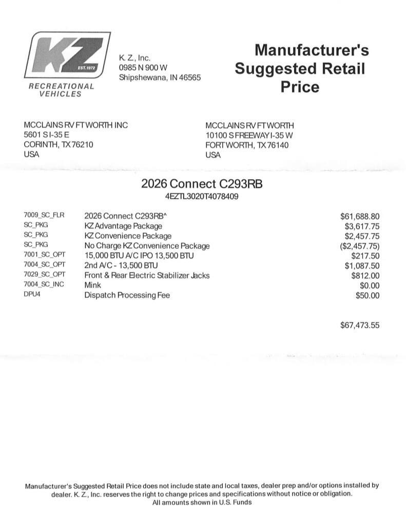 2026 Connect 293RB by K-Z from McClain's RV Fort Worth in Fort Worth, Texas