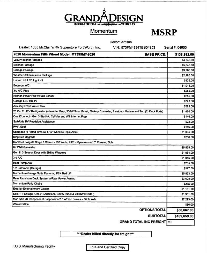 2026 Momentum 395MT by Grand Design from McClain's RV Fort Worth in Fort Worth, Texas