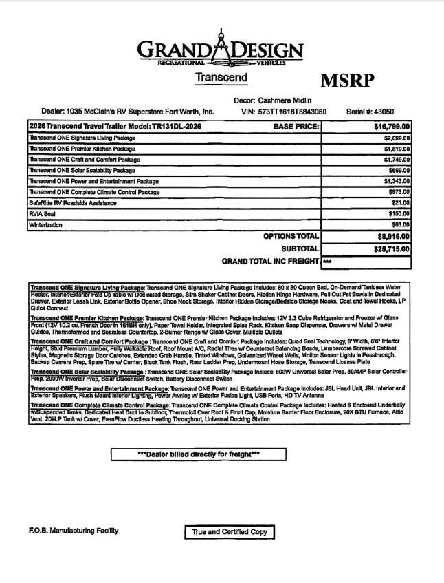 2026 Transcend One 131DL by Grand Design from McClain's RV Fort Worth in Fort Worth, Texas