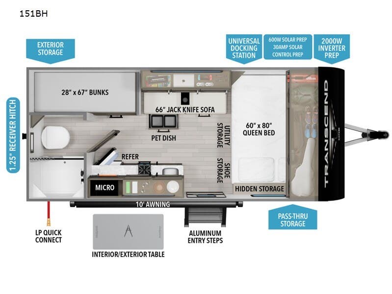 2026 Grand Design Transcend One 151BH - New Travel Trailer For Sale by McClain's RV Fort Worth in Fort Worth, Texas features Tinted Windows, Insulated, Queen Bed, Inverter, Ladder