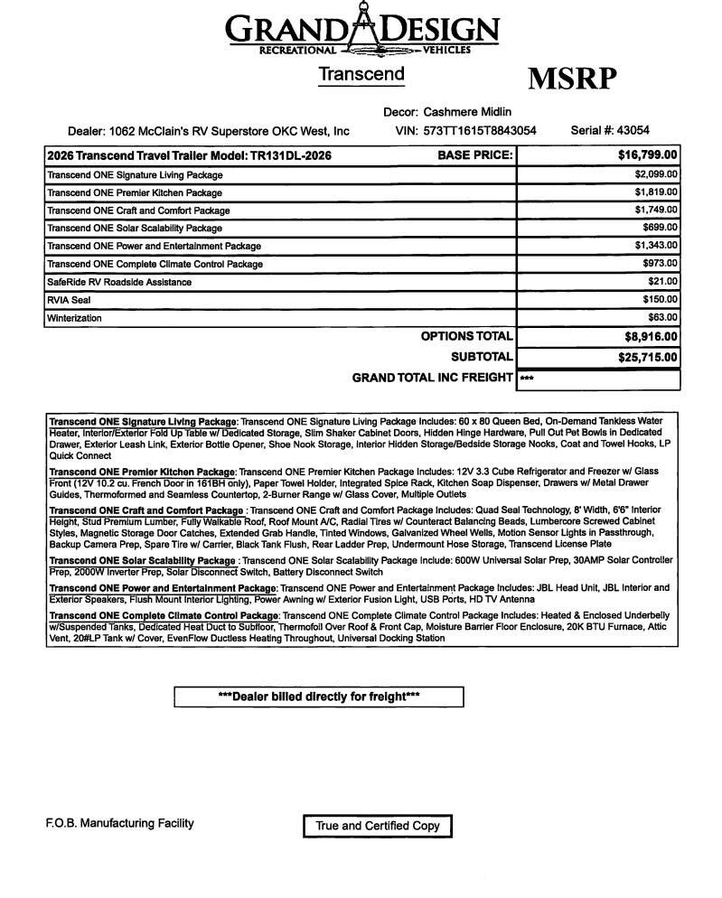 2026 Transcend One 131DL by Grand Design from McClain's RV Fort Worth in Fort Worth, Texas