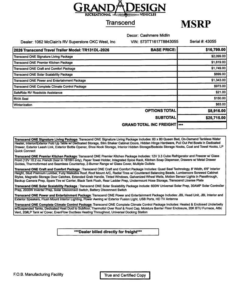 2026 Transcend One 131DL by Grand Design from McClain's RV Fort Worth in Fort Worth, Texas