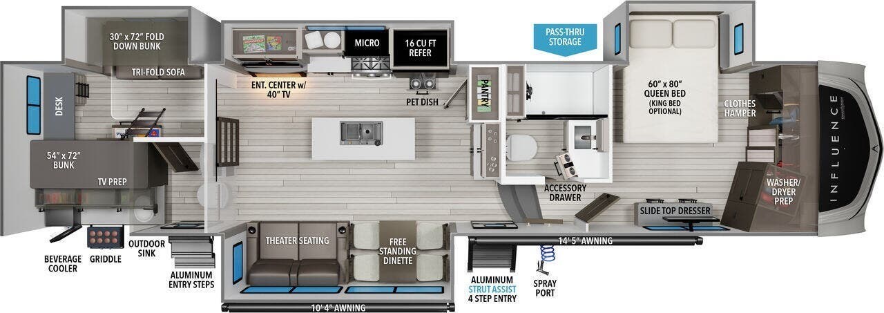 2024 Grand Design Influence 3704BH - Used Fifth Wheel For Sale by McClain's RV Fort Worth in Fort Worth, Texas features Exterior Speakers, Oven, Solid Surface Countertops, Dryer, Inverter