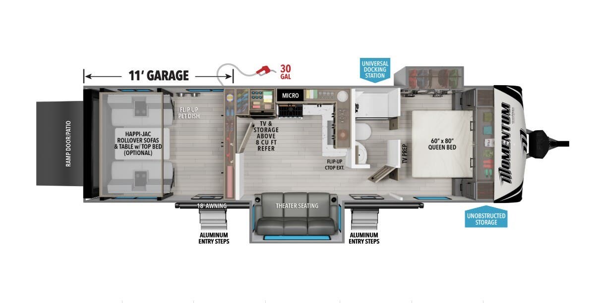 2026 Grand Design Momentum G-Class 29GS - New Travel Trailer For Sale by McClain's RV Fort Worth in Fort Worth, Texas features Ladder, Detachable, Medicine Cabinet, Rear Ramp Door, Bluetooth Stereo