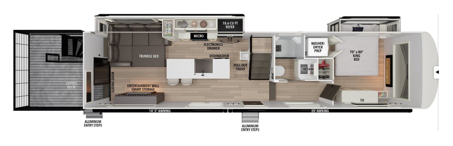 2026 Grand Design Foundation 42GD - New Travel Trailer For Sale by McClain's RV Fort Worth in Fort Worth, Texas features Convection Microwave, Dishwasher, Shower, Solid Surface Countertops, Vanity