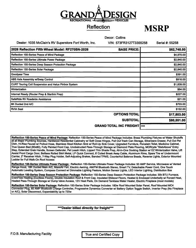 New 2026 Grand Design Reflection 150 270BN available in Fort Worth, Texas