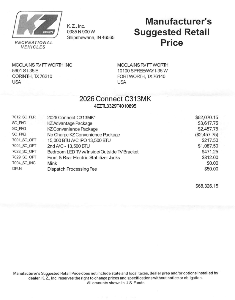 2026 Connect 313MK by K-Z from McClain's RV Fort Worth in Fort Worth, Texas