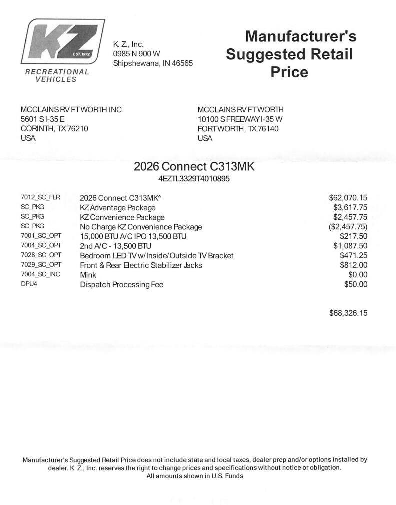 2026 Connect 313MK by K-Z from McClain's RV Fort Worth in Fort Worth, Texas