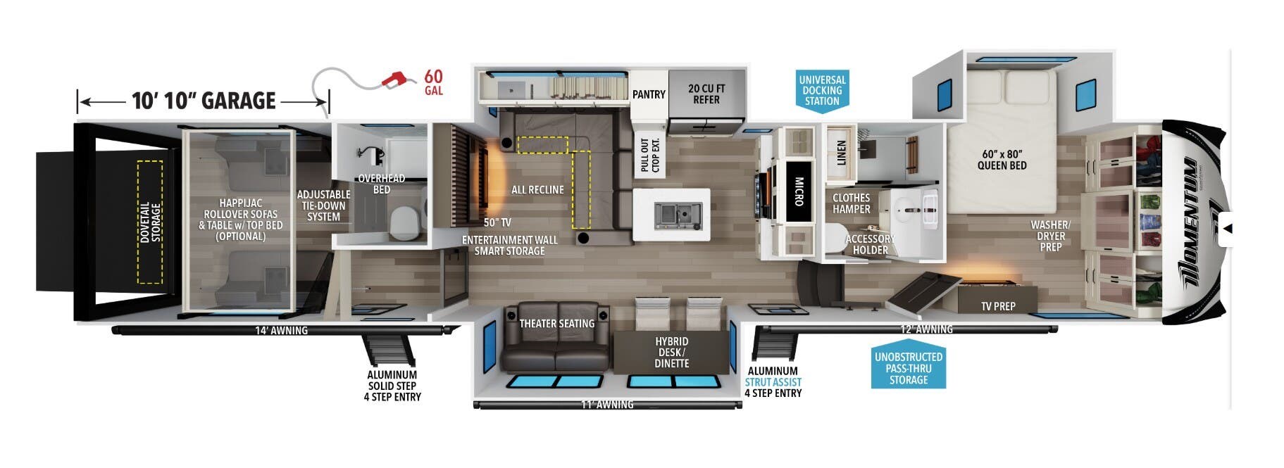2026 Grand Design Momentum 396DB - New Toy Hauler For Sale by McClain's RV Fort Worth in Fort Worth, Texas features Skylight, Refrigerator, Solar Prep, Toilet, Converter