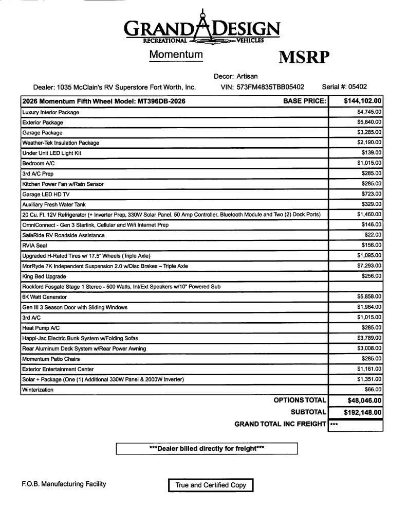 2026 Momentum 396DB by Grand Design from McClain's RV Fort Worth in Fort Worth, Texas