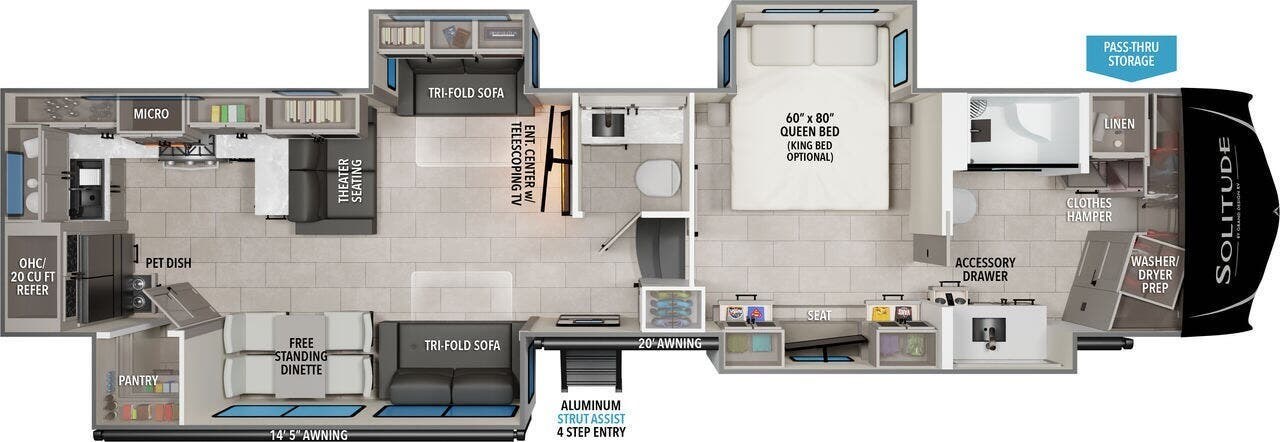 2026 Grand Design Solitude 417KB - New Fifth Wheel For Sale by McClain's RV Fort Worth in Fort Worth, Texas features Tinted Windows, Pet Friendly, Detachable Power Cord, Exterior Speakers, Washer/Dryer Prep