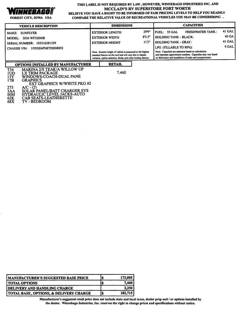 2026 Sunflyer 28MB by Winnebago from McClain's RV Fort Worth in Fort Worth, Texas