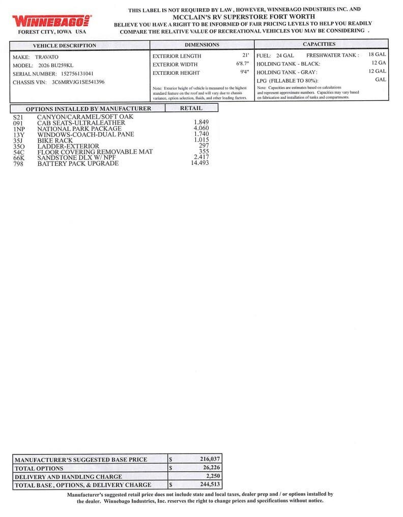 New 2026 Winnebago Travato 59KL available in Fort Worth, Texas