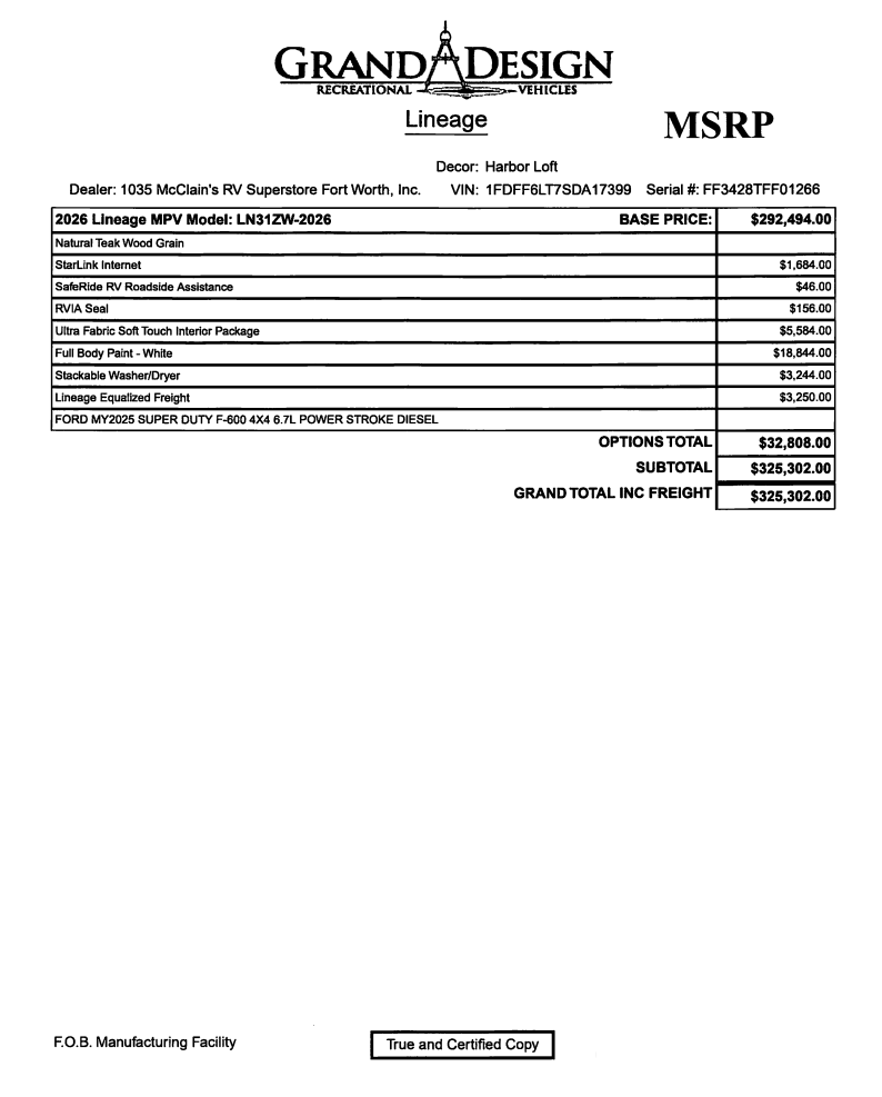 2026 Lineage Series F 31ZW by Grand Design from McClain's RV Fort Worth in Fort Worth, Texas