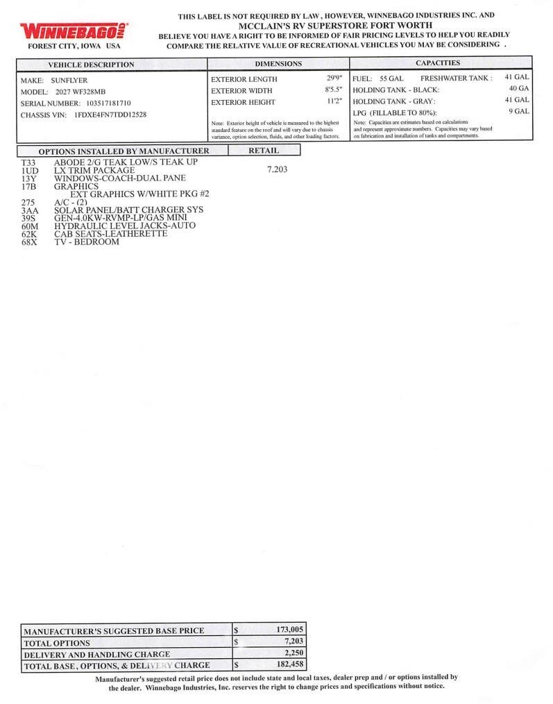 2027 Sunflyer 28MB by Winnebago from McClain's RV Fort Worth in Fort Worth, Texas