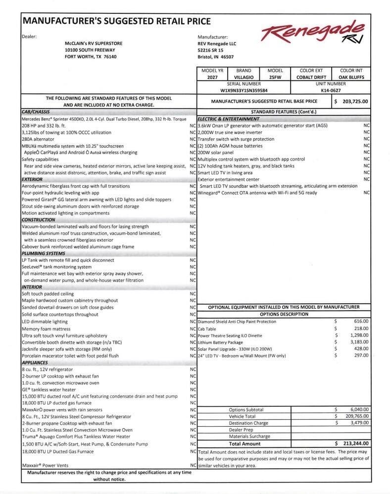 2027 VILLAGIO 25FW by Renegade RV from McClain's RV Fort Worth in Fort Worth, Texas
