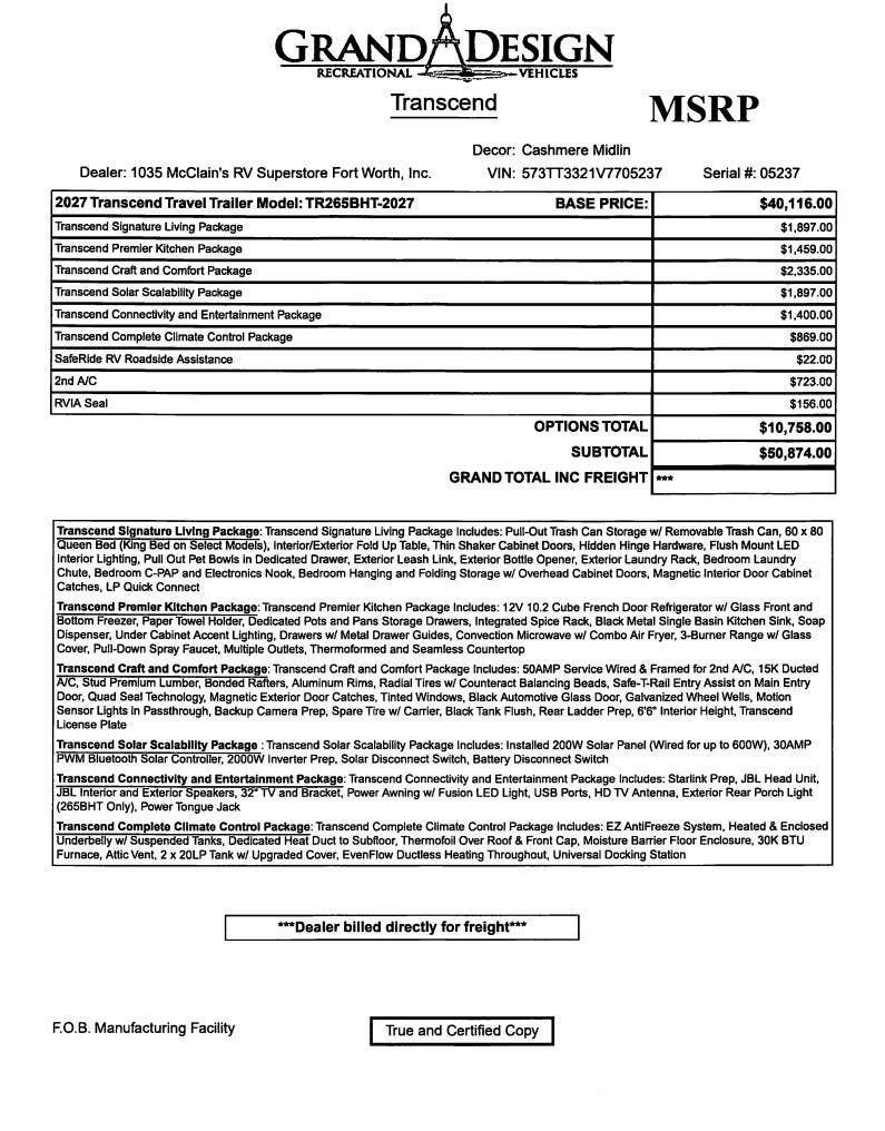 2027 Transcend 265BHT by Grand Design from McClain's RV Fort Worth in Fort Worth, Texas