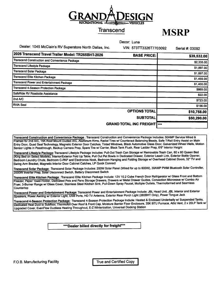 New 2026 Grand Design Transcend 265BHT available in Corinth, Texas