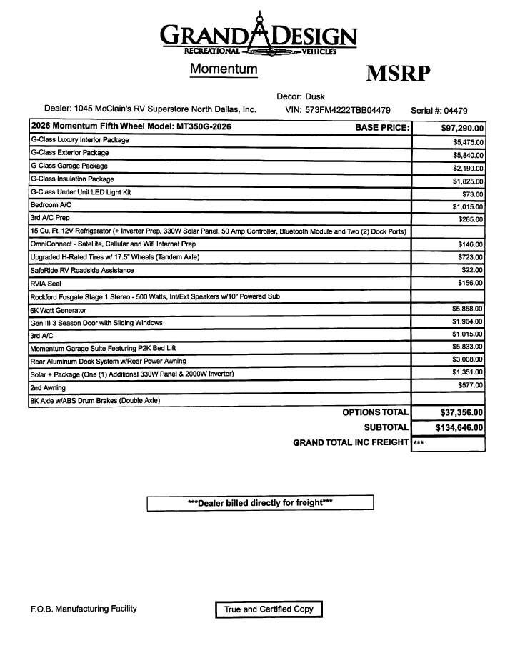 2026 Grand Design Momentum G-Class 350G - New Toy Hauler For Sale by McClain's RV Superstore in Corinth, Texas features Pass Thru Storage, Propane, Water Heater, Shower, LP Detector
