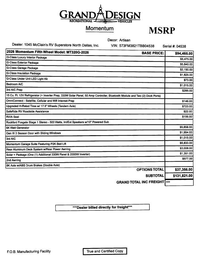 2026 Momentum G-Class 320G by Grand Design from McClain's RV Superstore in Corinth, Texas
