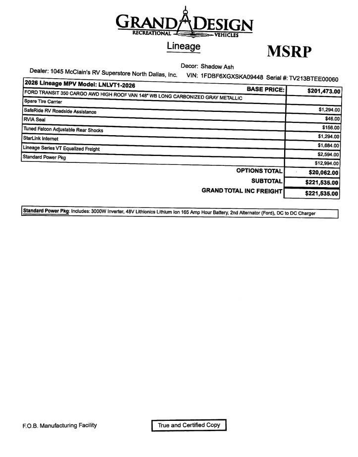 New 2026 Grand Design Lineage LVT1 available in Rockwall, Texas