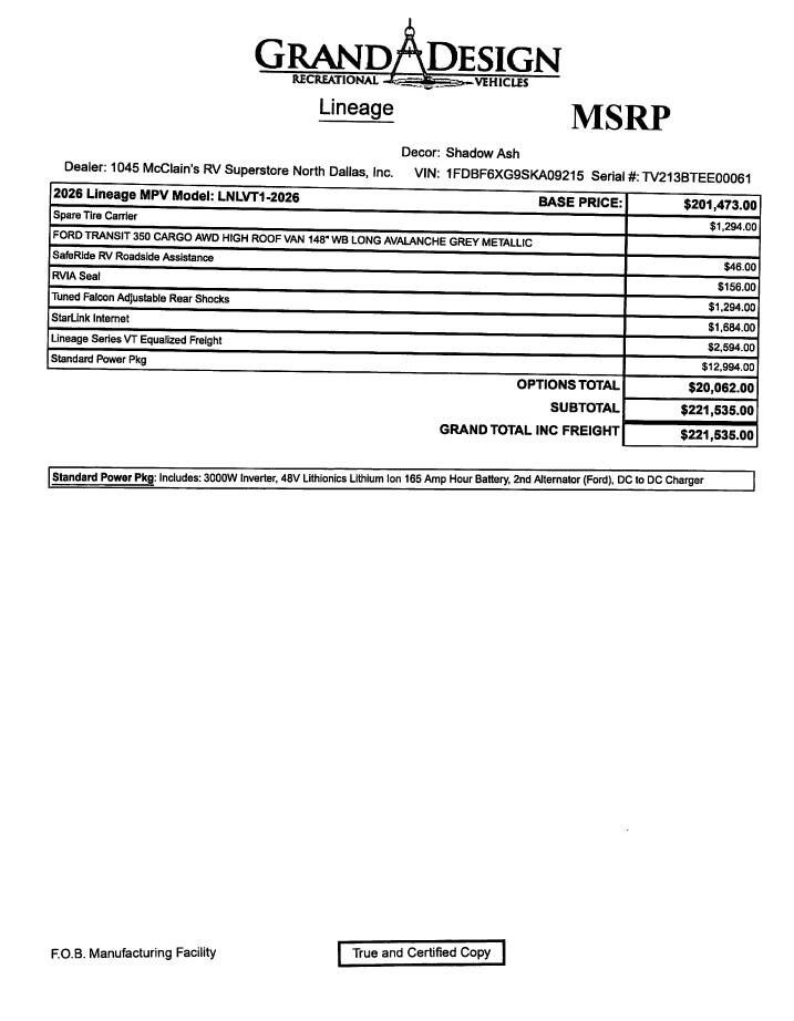 New 2026 Grand Design Lineage LVT1 available in Corinth, Texas
