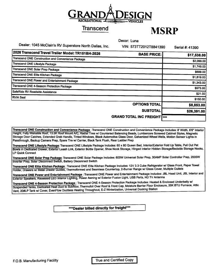 2026 Transcend One 151BH by Grand Design from McClain's RV Superstore in Corinth, Texas