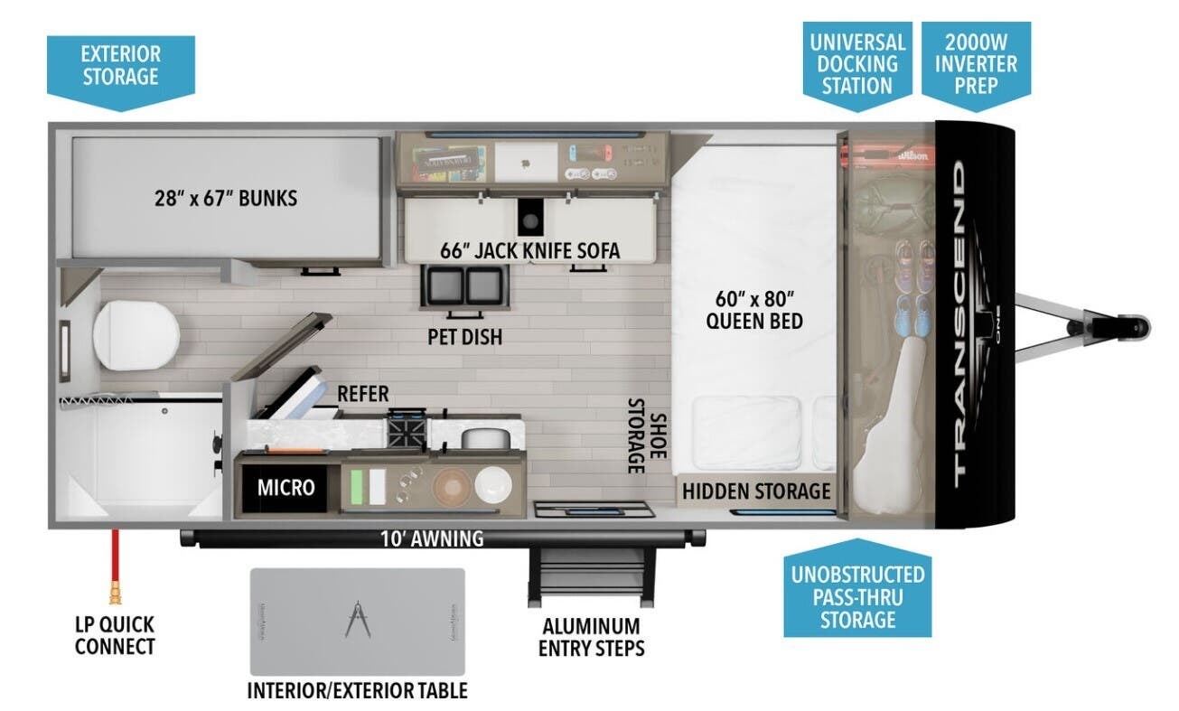2026 Grand Design Transcend One 151BH - New Travel Trailer For Sale by McClain's RV Fort Worth in Fort Worth, Texas features Bunk Beds, Removable Table, Hitch, Microwave, Kitchen Sink