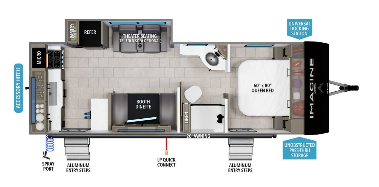 2026 Grand Design Imagine XLS 23LDE - New Travel Trailer For Sale by McClain's RV Superstore in Corinth, Texas features Spare Tire Kit, Kitchen Sink, LP Detector, Smoke Detector, Water Heater