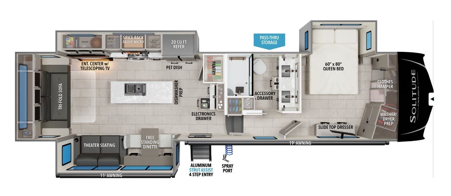 2026 Grand Design Solitude 370DV - New Fifth Wheel For Sale by McClain's RV Superstore in Corinth, Texas features Stove Top Burner, Shower, Fireplace, Solid Surface Countertops, Air Conditioning
