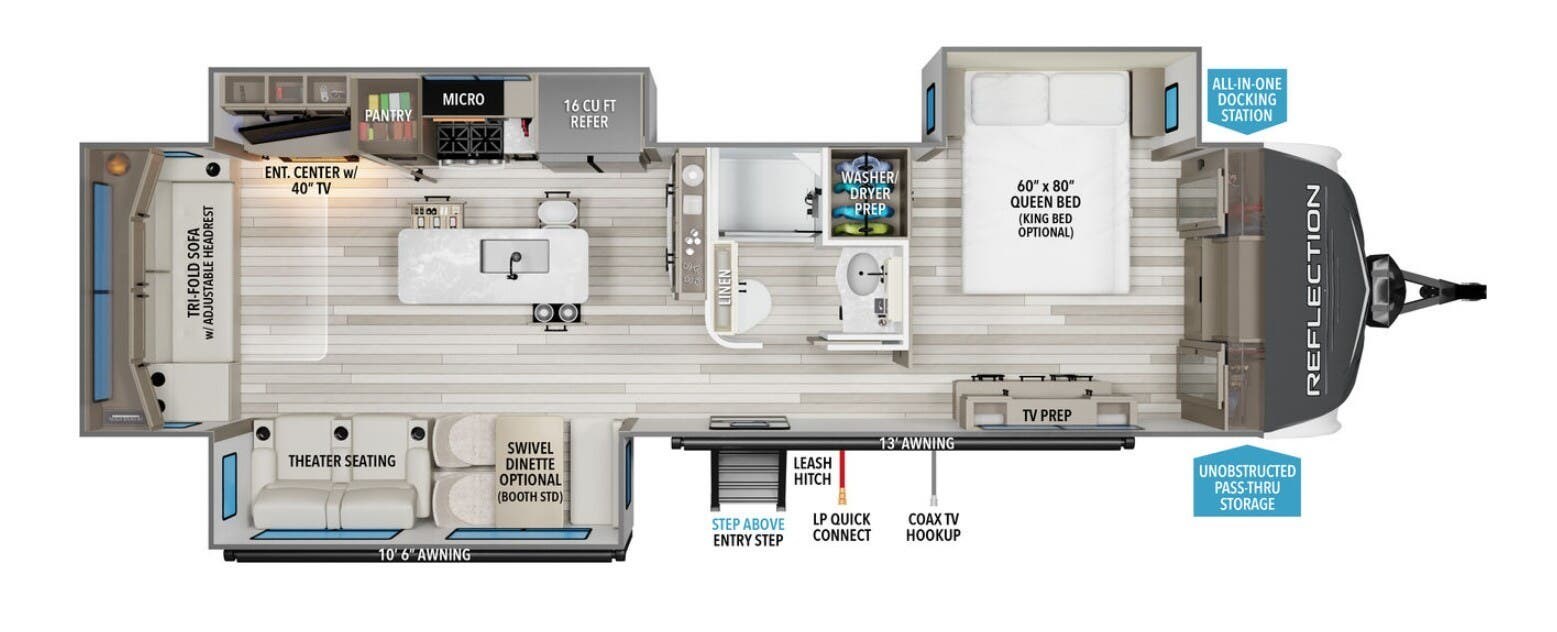 2026 Grand Design Reflection 345RLTS - New Travel Trailer For Sale by McClain's RV Fort Worth in Fort Worth, Texas features LP Detector, Roof Vents, Free Standing Dinette w/Chairs, Enclosed Underbelly, Kitchen Sink