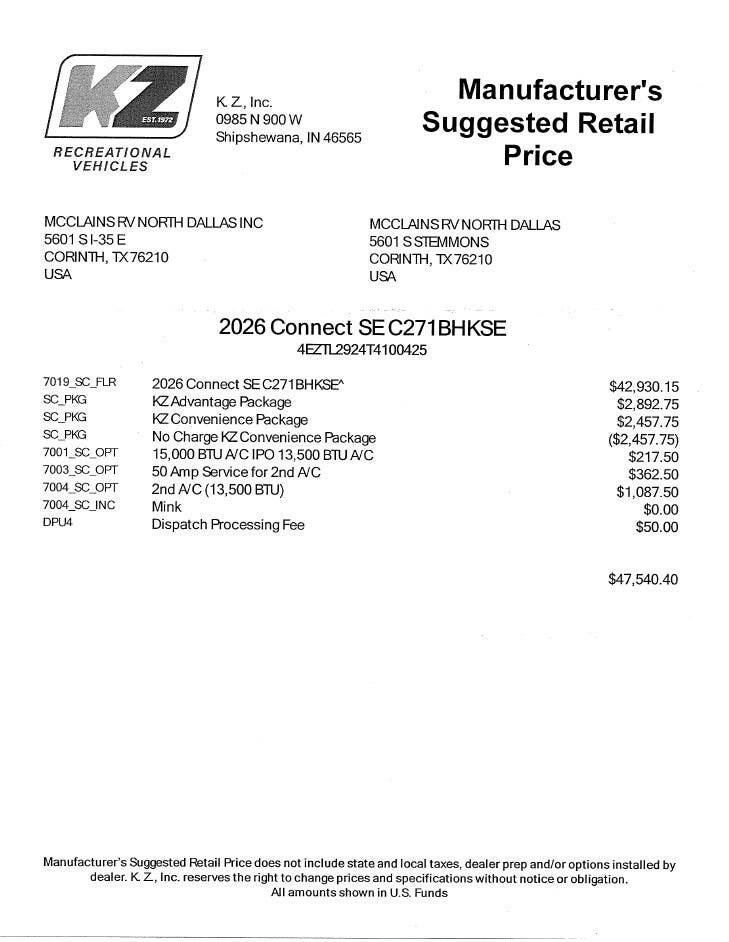 2026 Connect SE 271BHK by K-Z from McClain's RV Superstore in Corinth, Texas
