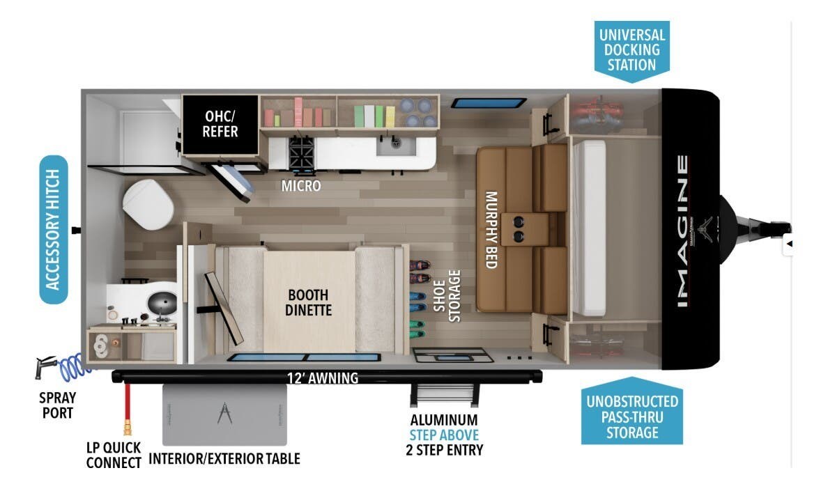 2026 Grand Design Imagine AIM 15RBA - New Travel Trailer For Sale by McClain's RV Superstore in Corinth, Texas features Overhead Cabinetry, Dinette Bed, Shower, LED Lights, Pass Thru Storage
