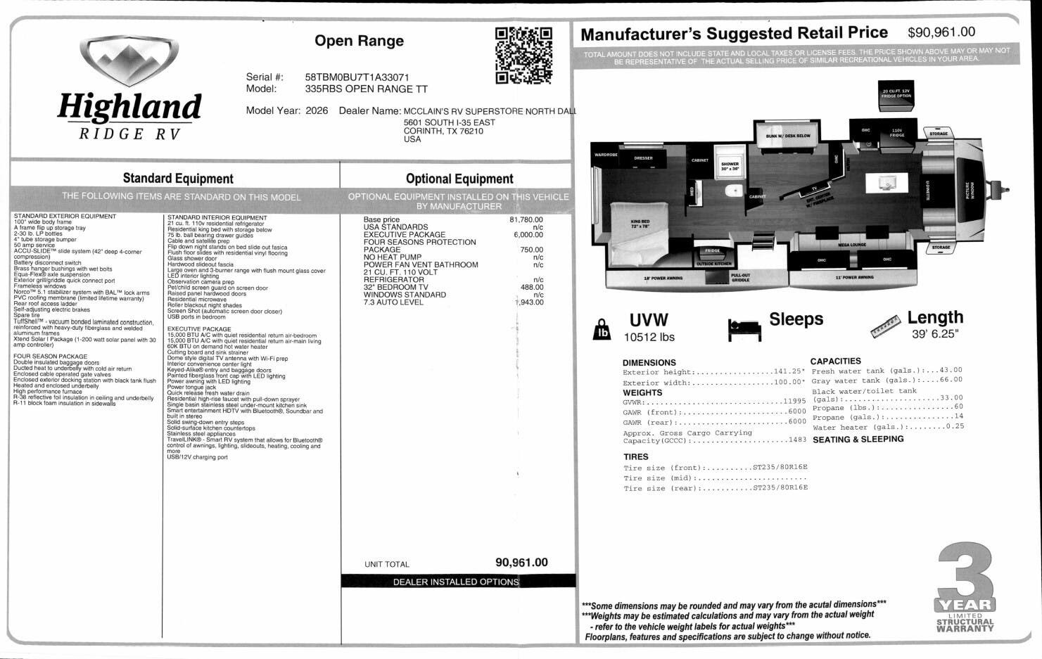 2026 Open Range 335RBS by Highland Ridge from McClain's RV Superstore in Corinth, Texas