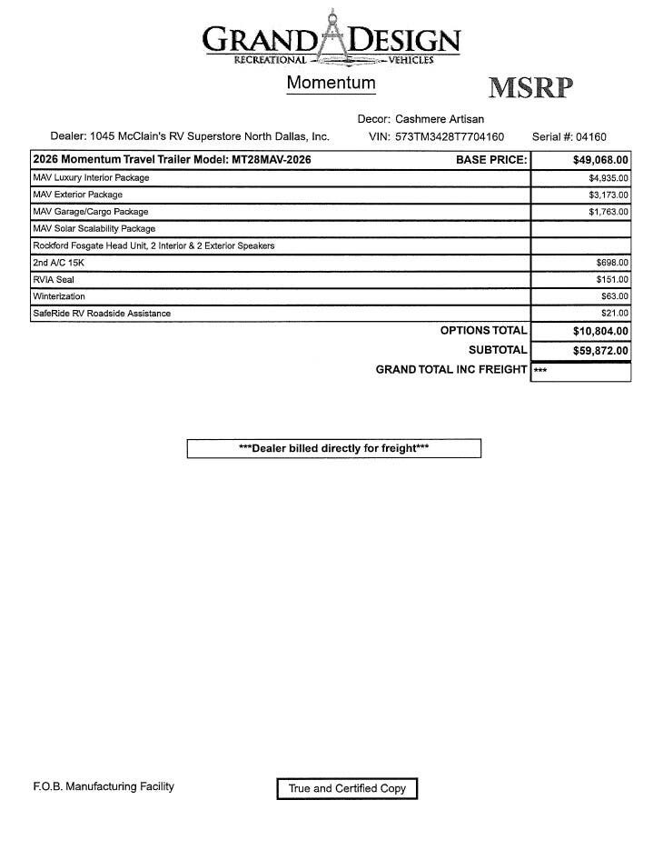 2026 Momentum 28MAV by Grand Design from McClain's RV Superstore in Corinth, Texas