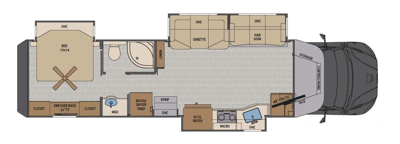 2023 Renegade VERONA 38LDG - Used Super C For Sale by McClain's RV Superstore in Corinth, Texas features Wardrobe(s), Spare Tire Kit, Furnace, LED Lights, Sofa Bed