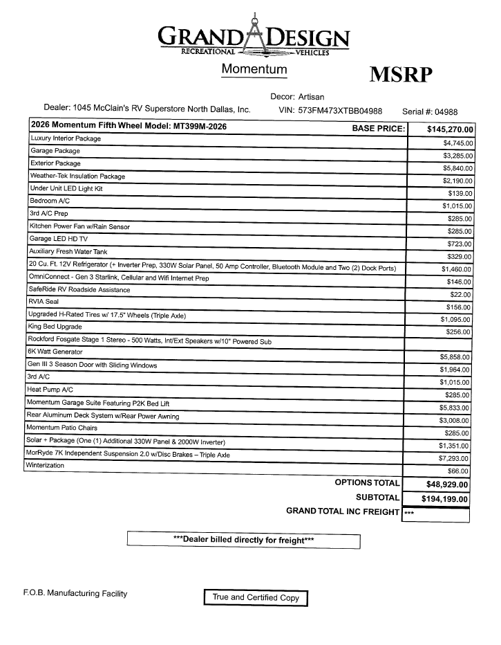 New 2026 Grand Design Momentum 399M available in Corinth, Texas