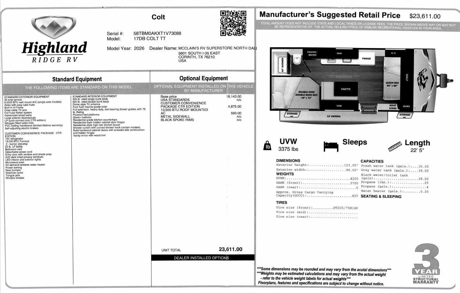 2026 Open Range CONV COLT 17DB by Highland Ridge from McClain's RV Superstore in Corinth, Texas