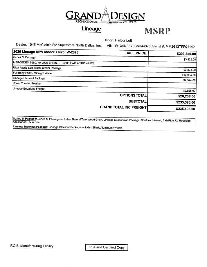 New 2026 Grand Design Lineage 25FW available in Corinth, Texas