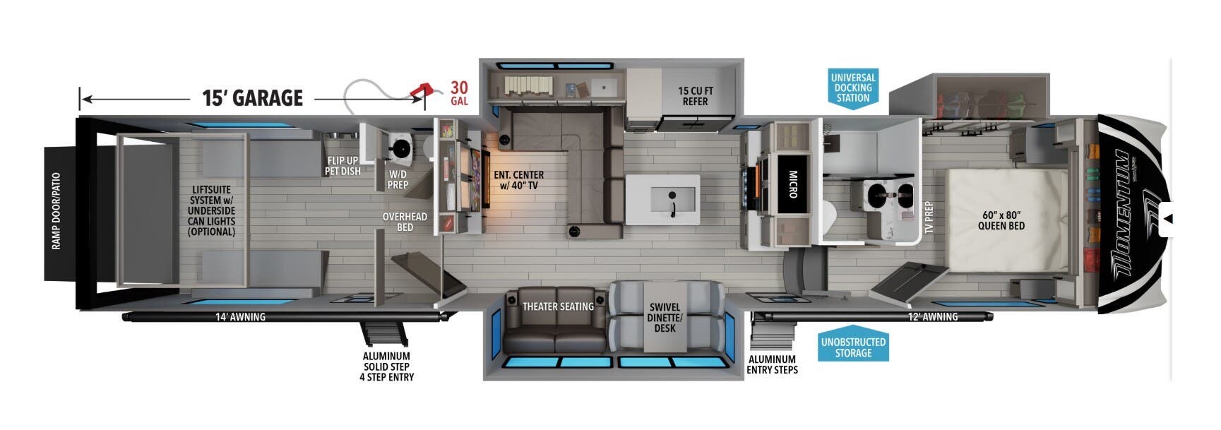 2026 Grand Design Momentum G-Class 394G - New Toy Hauler For Sale by McClain's RV Superstore in Corinth, Texas features Queen Bed, Smoke Detector, Air Conditioning, Insulated, Microwave