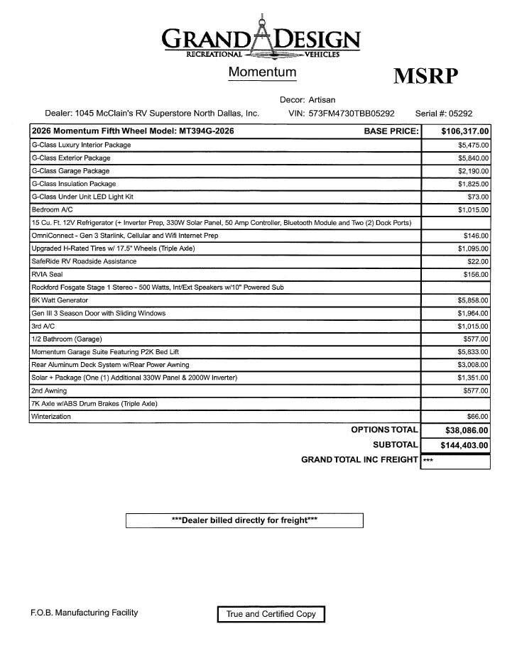 2026 Momentum G-Class 394G by Grand Design from McClain's RV Superstore in Corinth, Texas