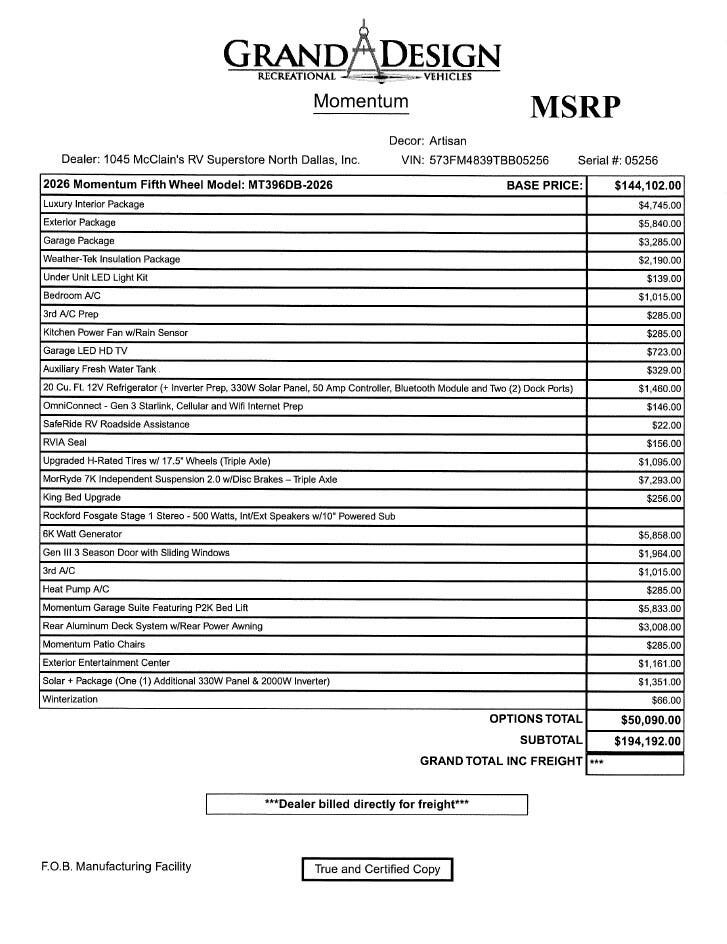 2026 Momentum 396DB by Grand Design from McClain's RV Superstore in Corinth, Texas