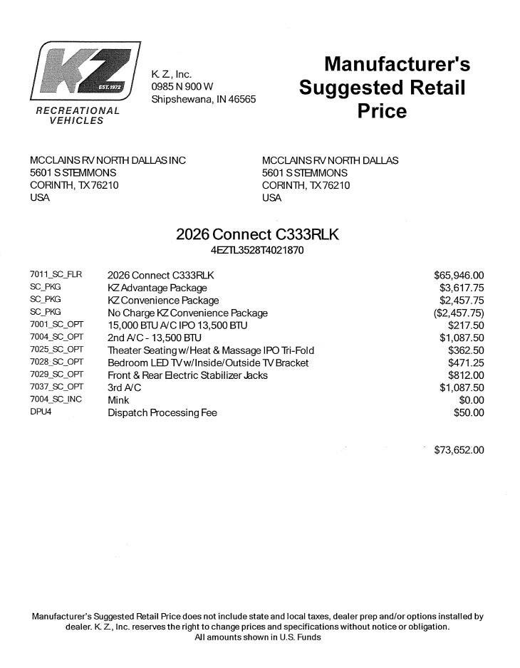 2026 Connect 333RLK by K-Z from McClain's RV Superstore in Corinth, Texas
