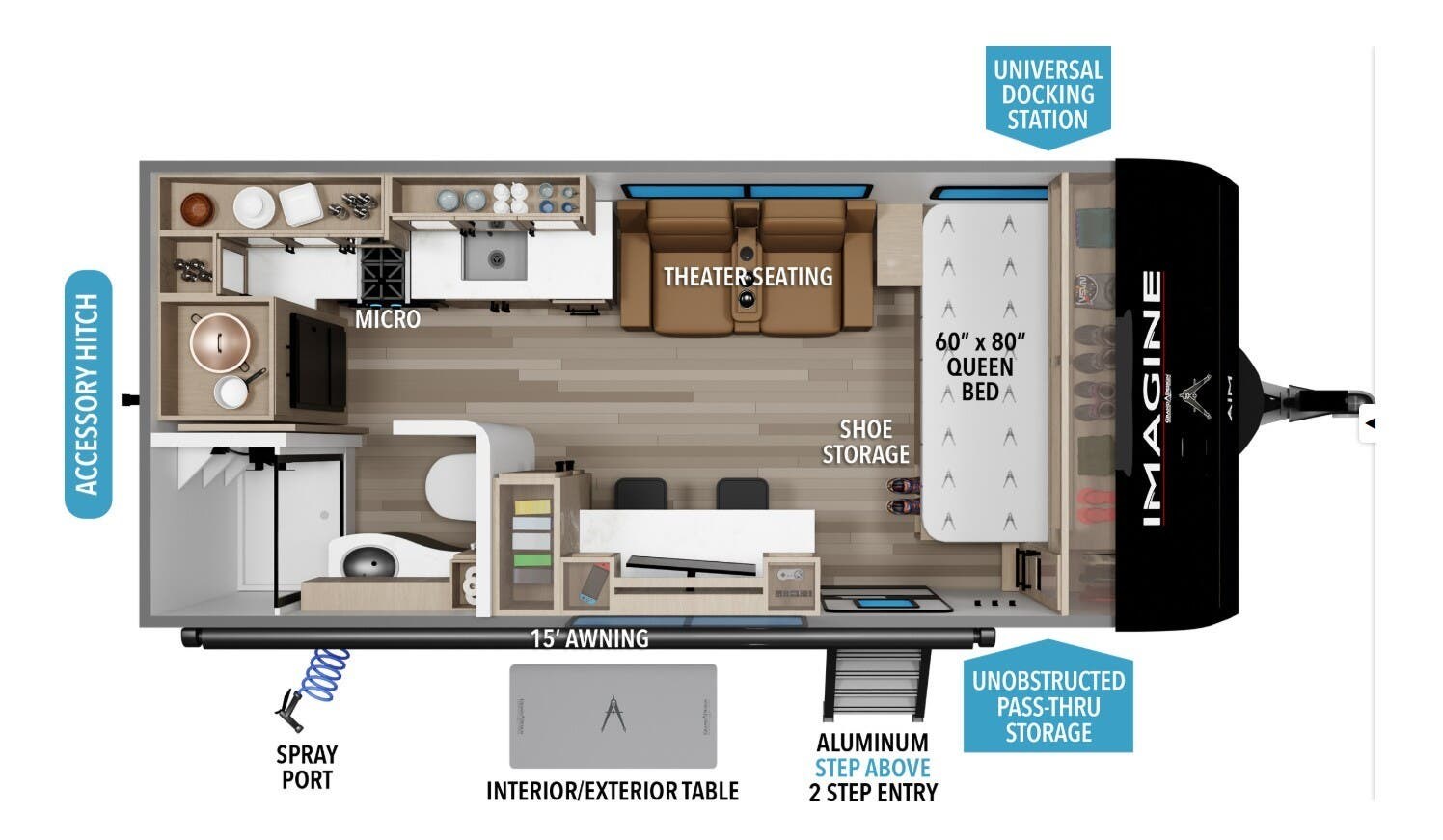 2026 Grand Design Imagine AIM 19MLA - New Travel Trailer For Sale by McClain's RV Superstore in Corinth, Texas features Furnace, Detachable Power Cord, Detachable, Backup Camera, Enclosed Underbelly