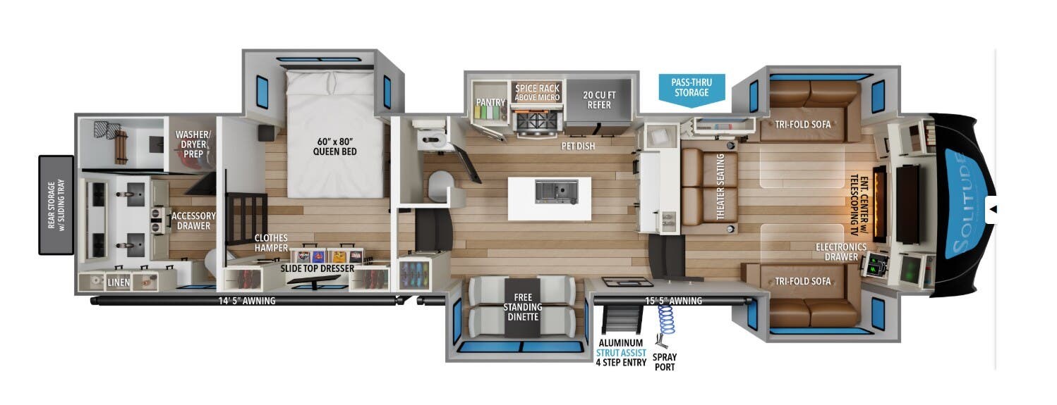 2026 Grand Design Solitude 380FL - New Fifth Wheel For Sale by McClain's RV Superstore in Corinth, Texas features Medicine Cabinet, Shower, Roof Vent, Refrigerator, Awning