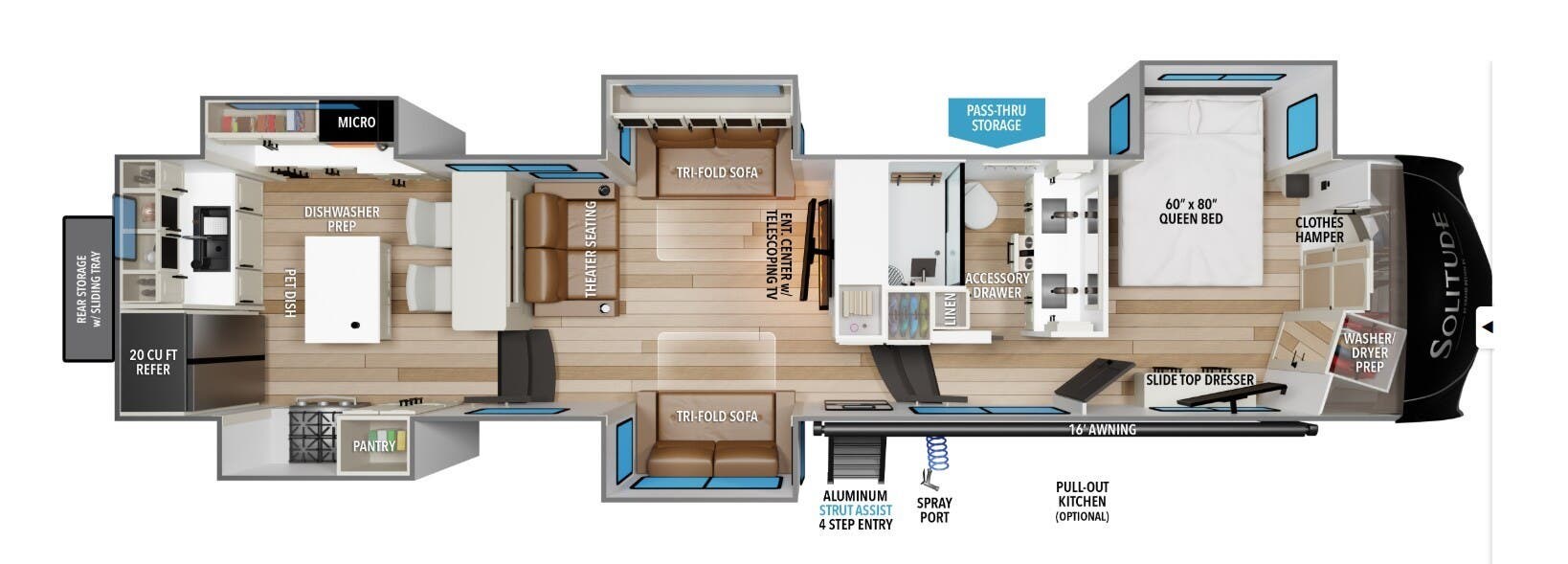 2026 Grand Design Solitude 390RK - New Fifth Wheel For Sale by McClain's RV Superstore in Corinth, Texas features Exterior Speakers, Pantry, Fireplace, Theater Seating, Oven