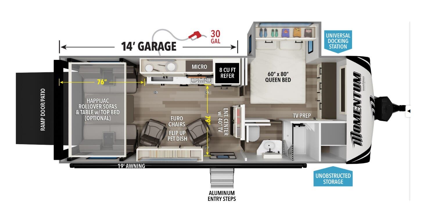 2026 Grand Design Momentum G-Class 21G - New Travel Trailer For Sale by McClain's RV Superstore in Corinth, Texas features Ramp, Ladder, Furnace, Overhead Cabinetry, Roof Vent
