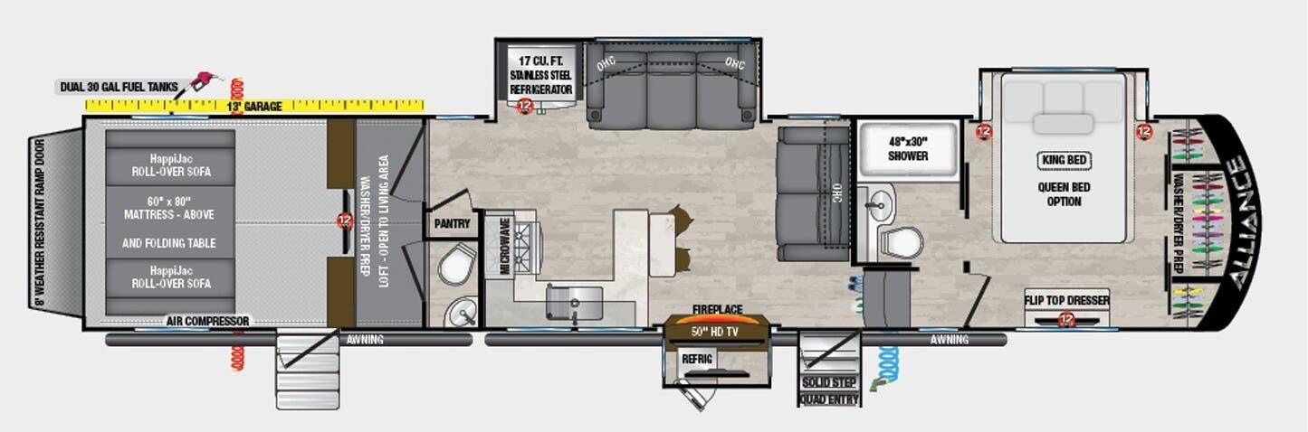 2024 Alliance RV Valor 40V13 - Used Fifth Wheel For Sale by McClain's RV Superstore in Corinth, Texas features Oven, Furnace, Batteries, Microwave, Ramp