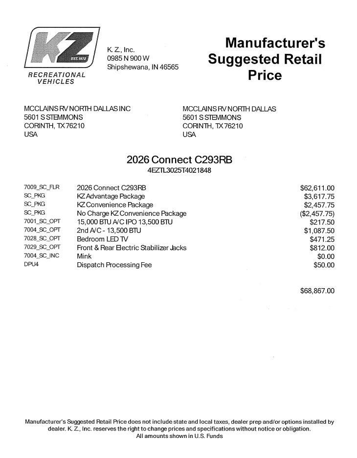 2026 Connect 293RB by K-Z from McClain's RV Superstore in Corinth, Texas